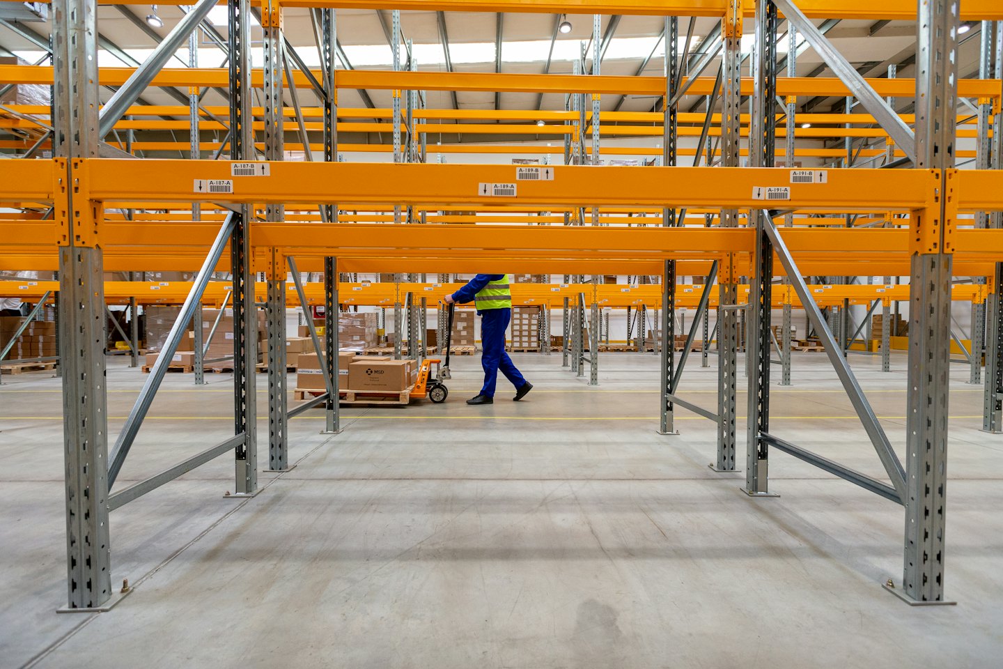 Worker in blue overalls pushes pallet jack through warehouse.